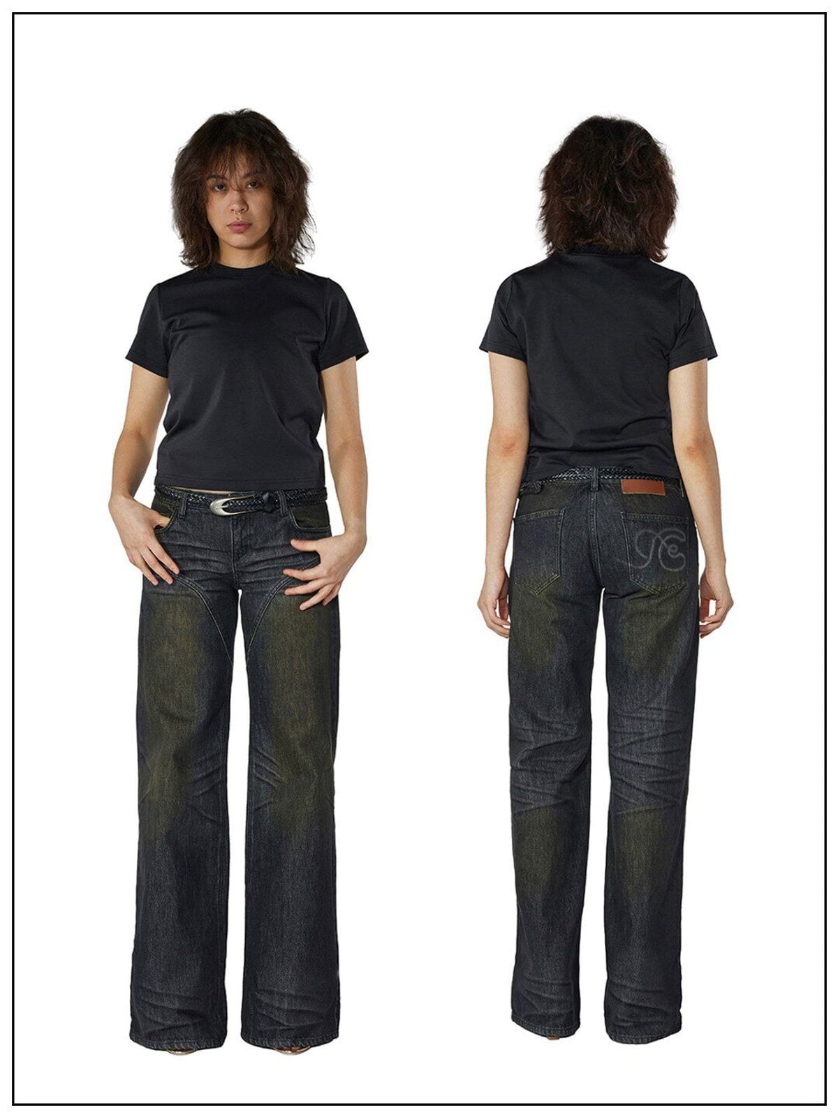 Fax copy express Curved Panel Dirty Wash Jeans in Gray - On Female Model