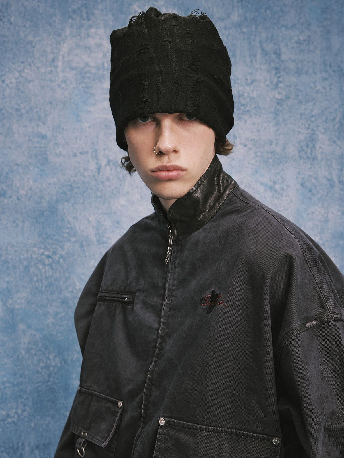 SOD Distressed Leather Collar Work Jacket in Blue - On Male Model