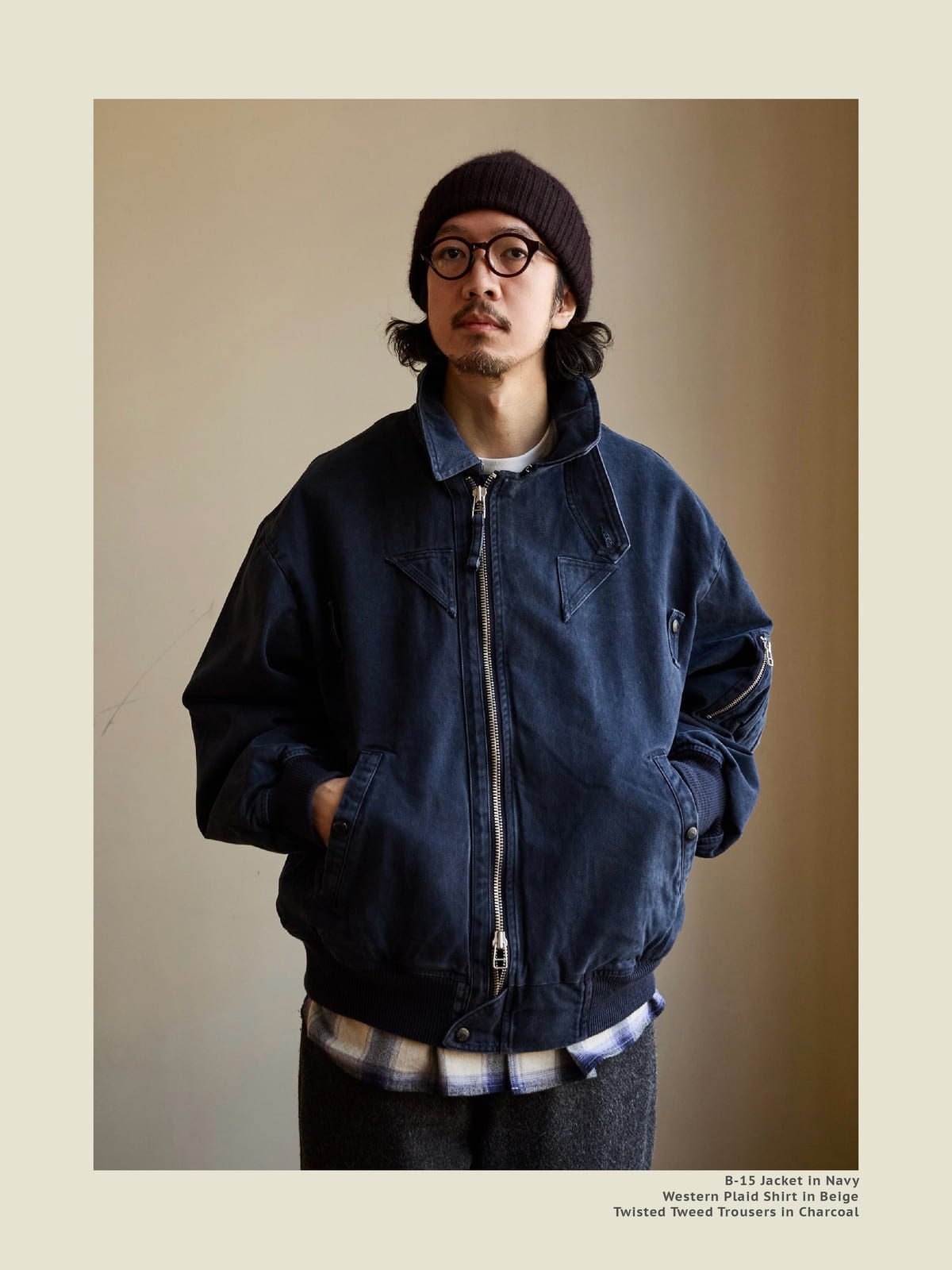USAGE Washed Cotton Lyocell B 15 Bomber in Navy - On Male Model