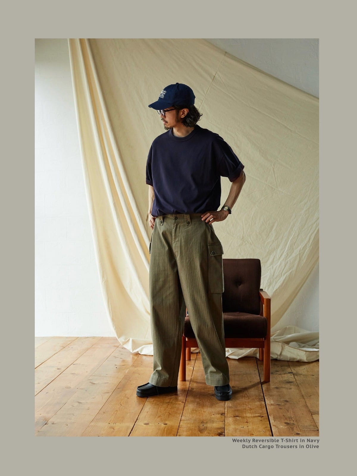 USAGE Heavyweight Herringbone Cargo Pants in Olive - On Male Model