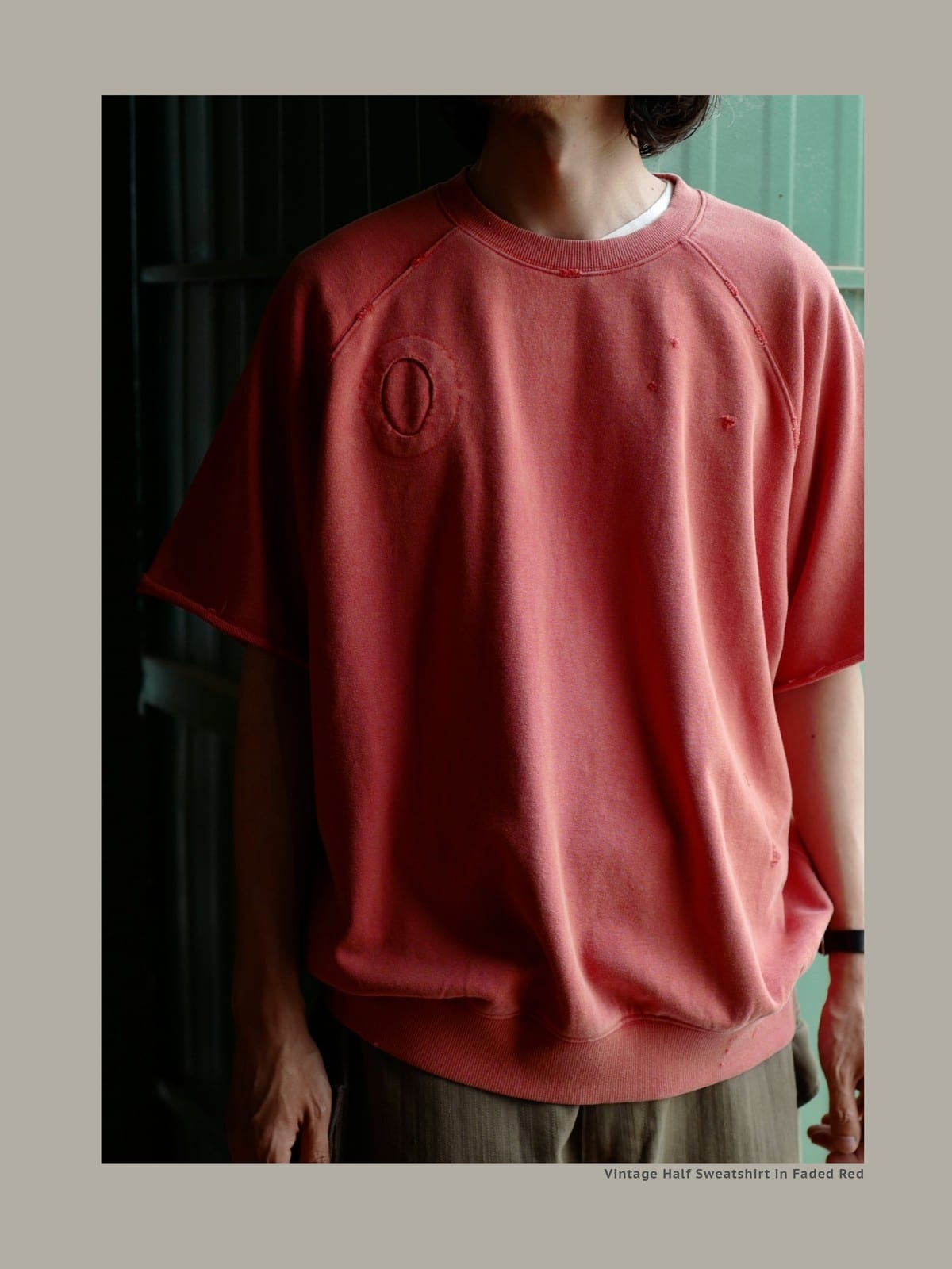 USAGE Vintage Wash Distressed Short Sleeve Sweatshirt in Red - On Male Model