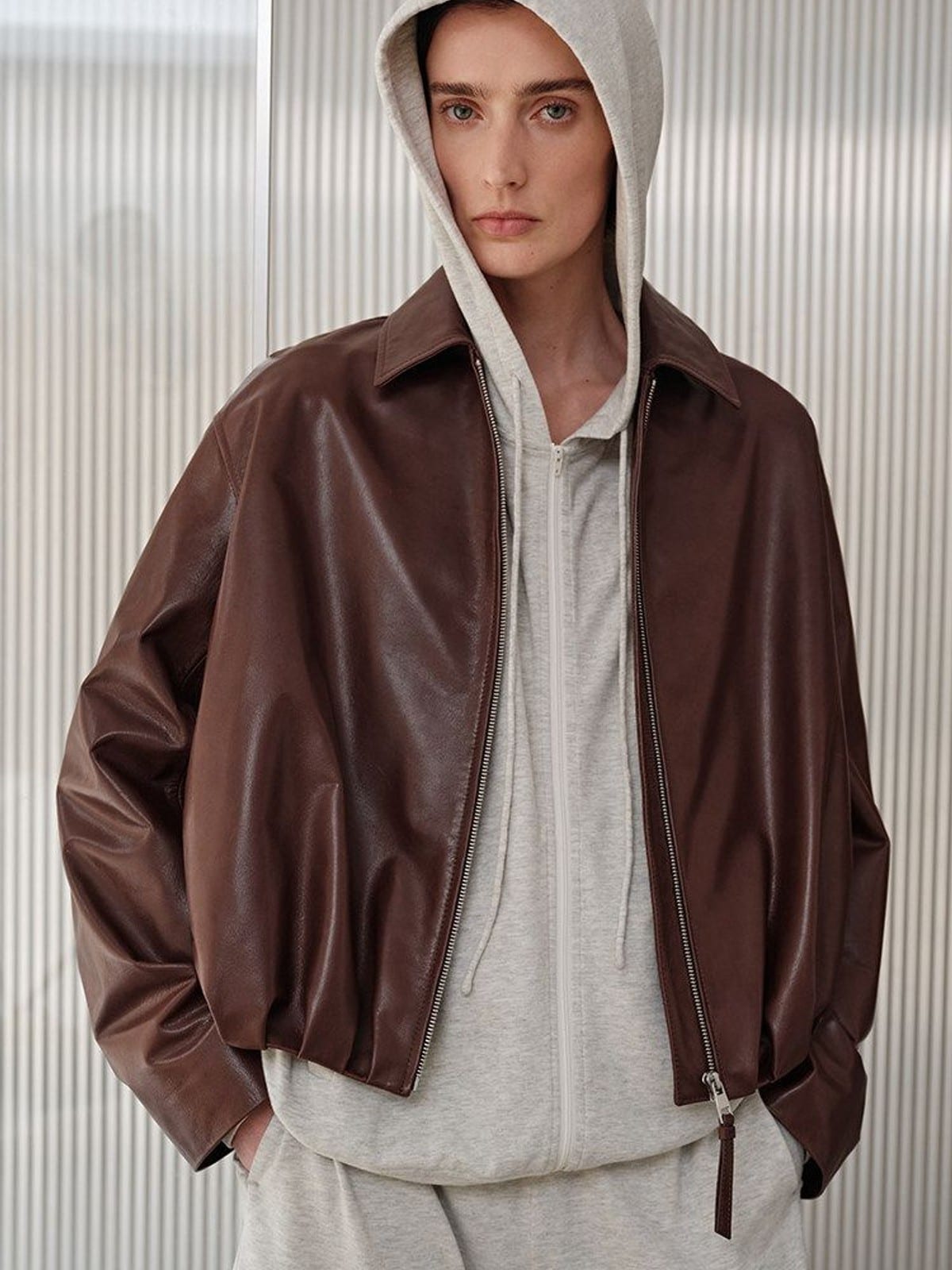 MSBEAST Gathered Hem Sheep Leather Jacket in Brown - On Female Model
