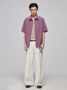 SIMPLE PROJECT Crinkled Linen Blend Short Sleeve Shirt in Purple - On Male Model