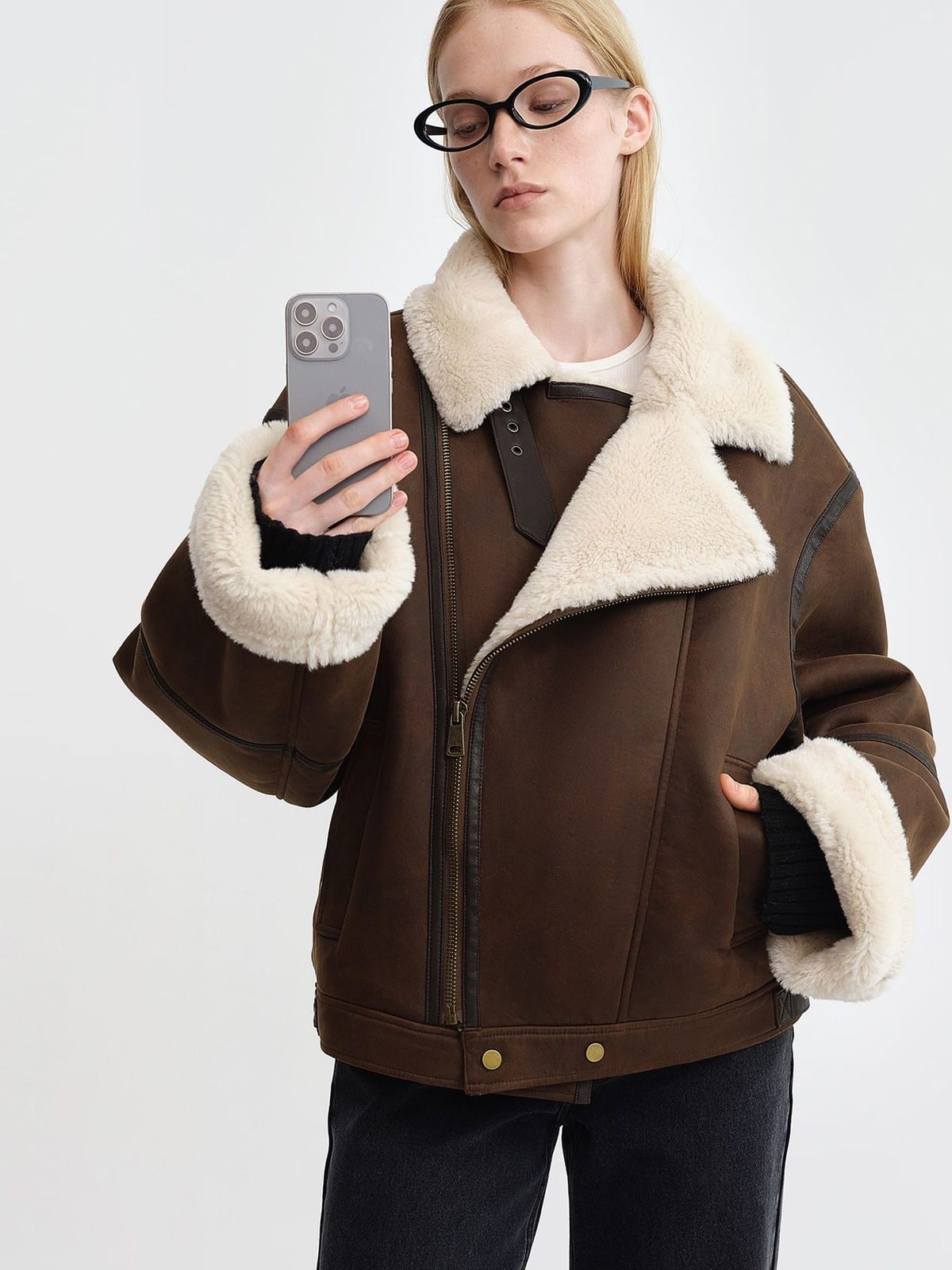 RARELY ALIKE Oversized Faux Shearling Lapel Jacket in Brown - On Female Model