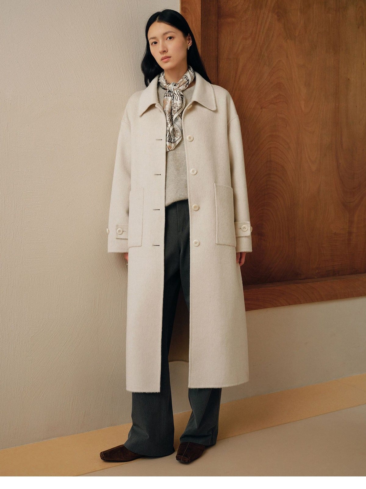 TEASEL Single Breasted Wool Blend Coat in Cream - On Female Model