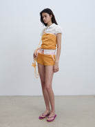 RARELY ALIKE Peter Pan Collar Tie Front Shirt in White - On Female Model