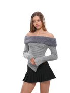 SweetChilling Faux Fur Trim Off The Shoulder Sweater in Gray - On Female Model