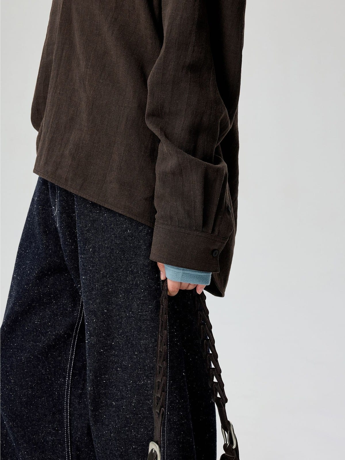SIMPLE PROJECT Lyocell Ramie Pleated V Neck Shirt in Brown - On Model
