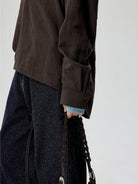 SIMPLE PROJECT Lyocell Ramie Pleated V Neck Shirt in Brown - On Model