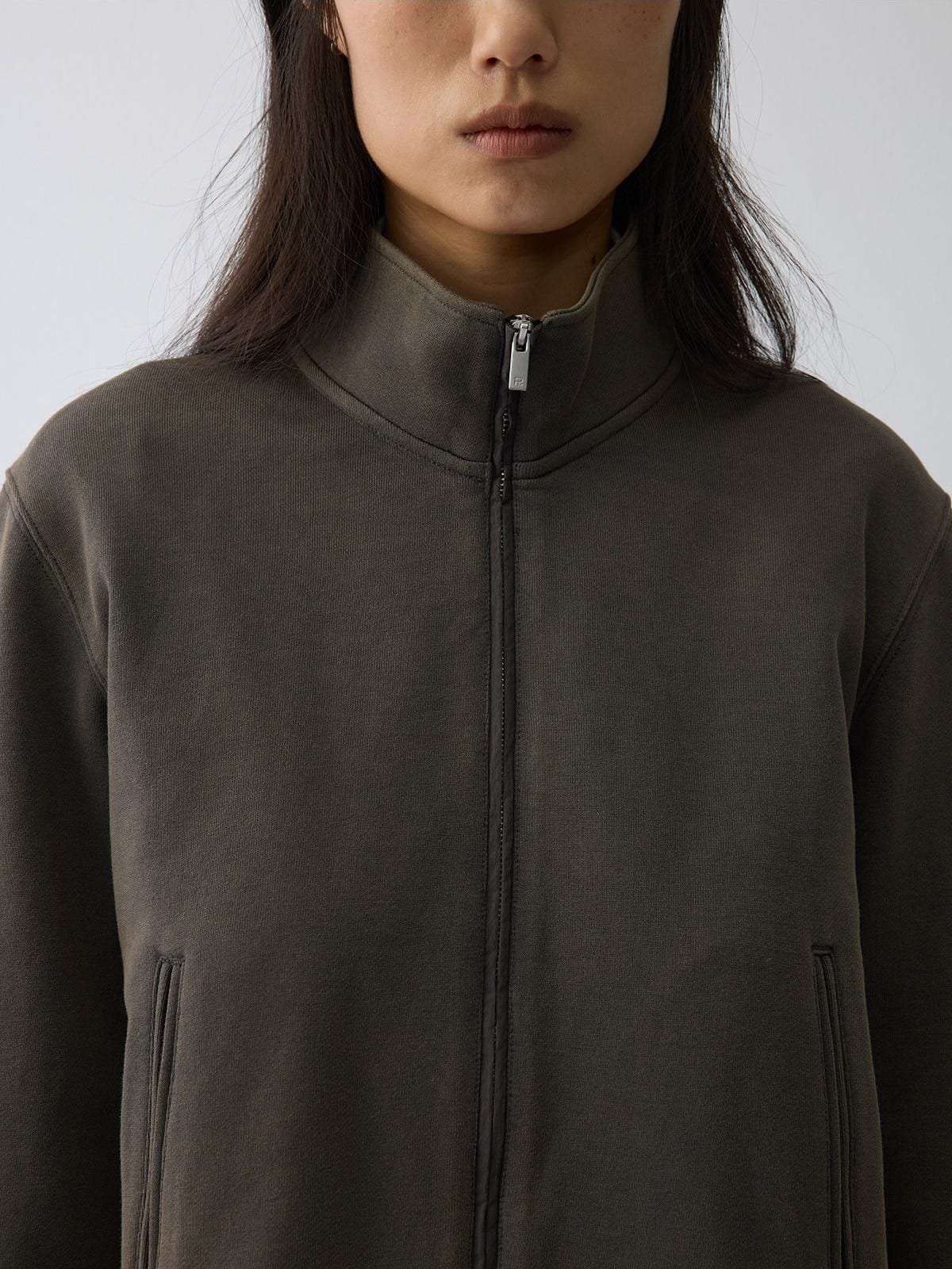 Random Piece Washed Cotton Stand Collar Zip Sweatshirt in Brown - On Female Model