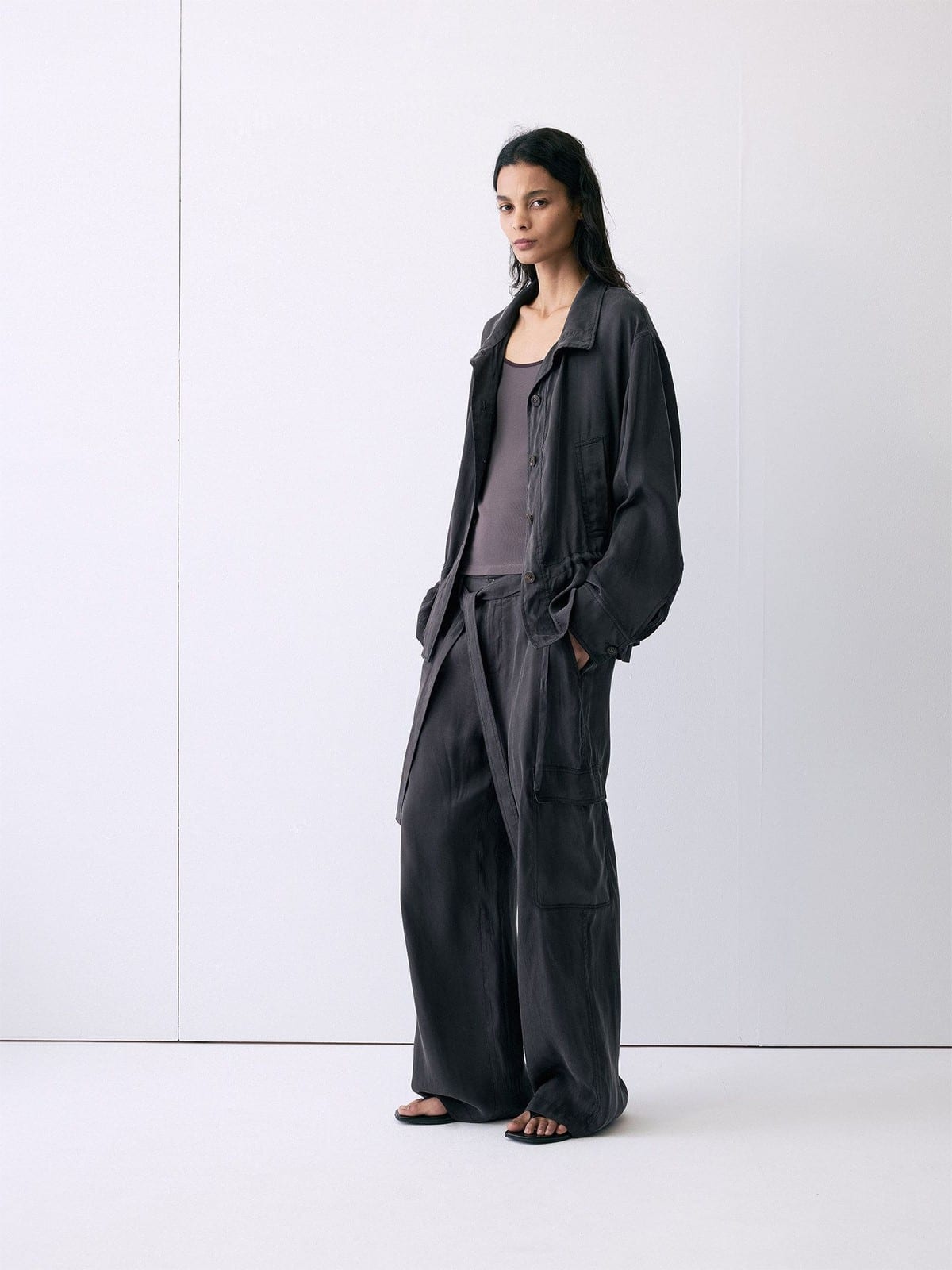 Random Piece Washed Stand Collar Peplum Jacket in Gray - On Female Model