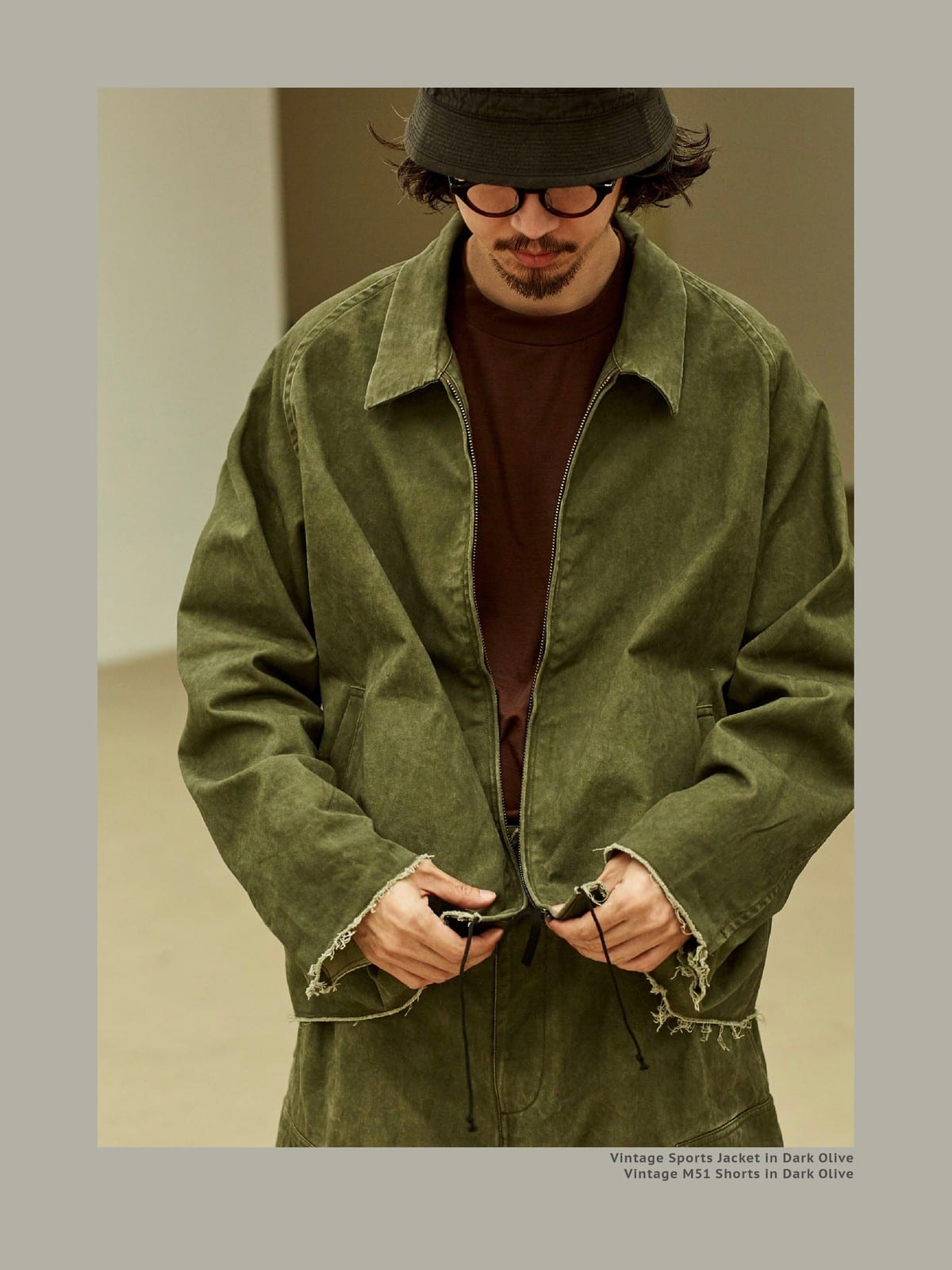 USAGE Vintage Washed Cotton Sports Jacket in Olive - On Male Model