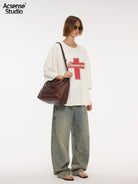 ACSENSE STUDIO Heavy Washed Cross Print T Shirt in Off-White - On Female Model