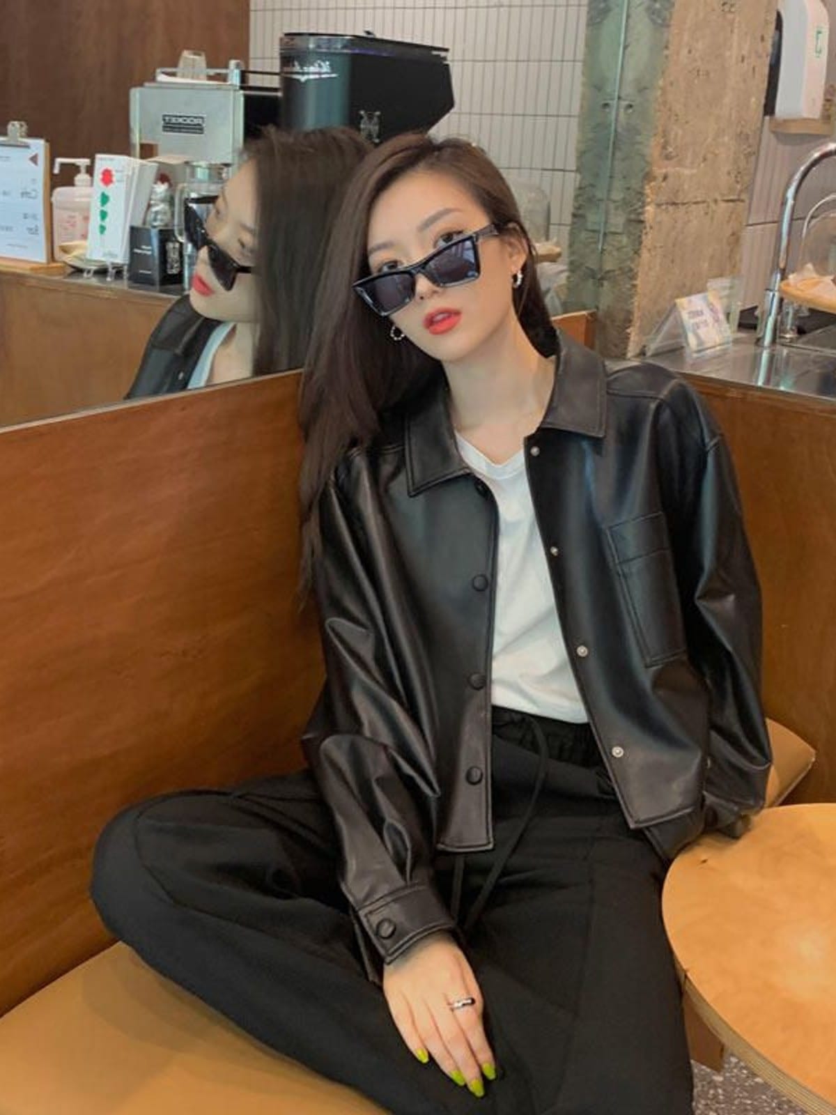 MSBEAST Cropped Sheepskin Leather Shirt Jacket in Black - On Female Model