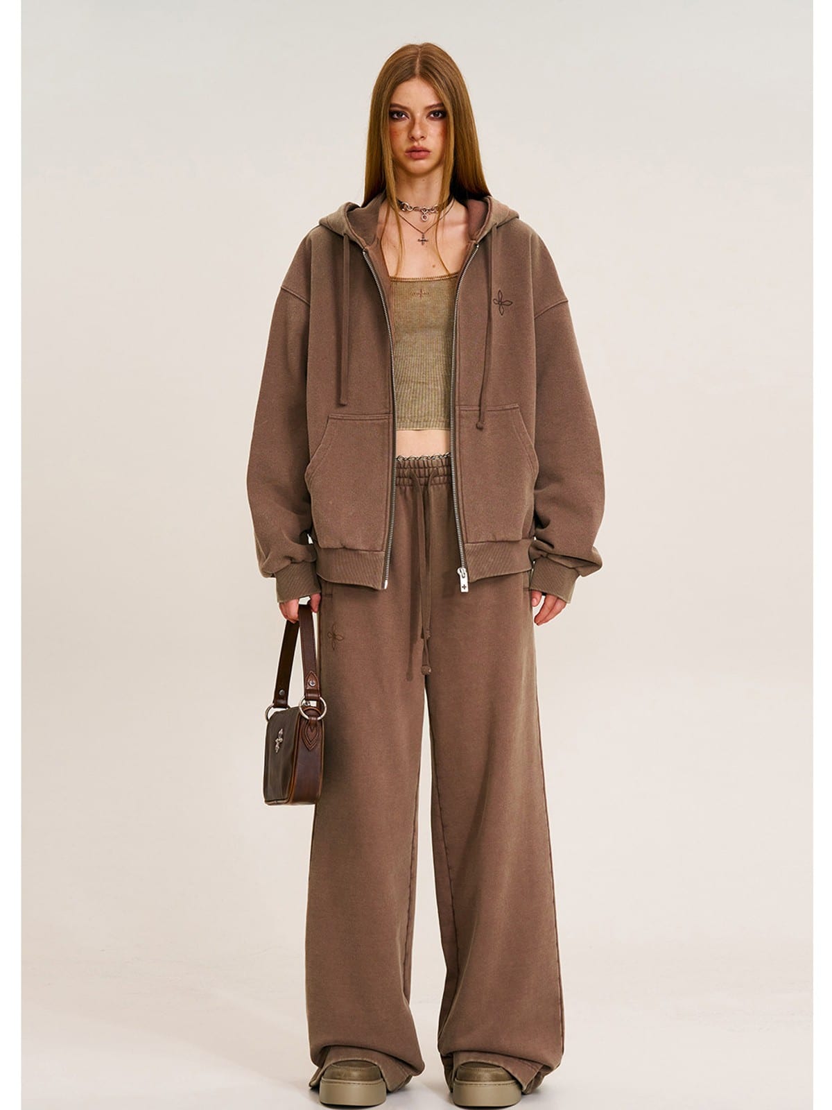 SMFK Cross Embroidered Cotton Zip Up Hoodie in Brown - On Female Model