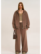 SMFK Cross Embroidered Cotton Zip Up Hoodie in Brown - On Female Model