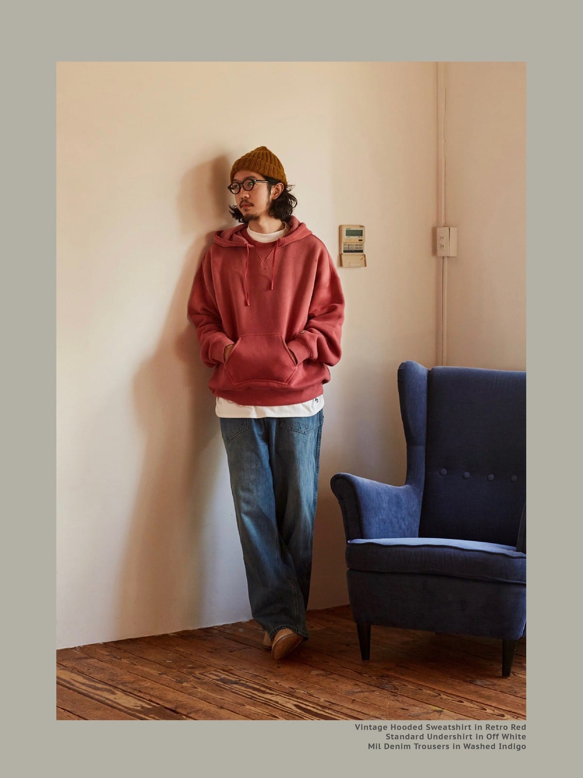 USAGE Faded Vintage Wash Hoodie in Red - On Male Model