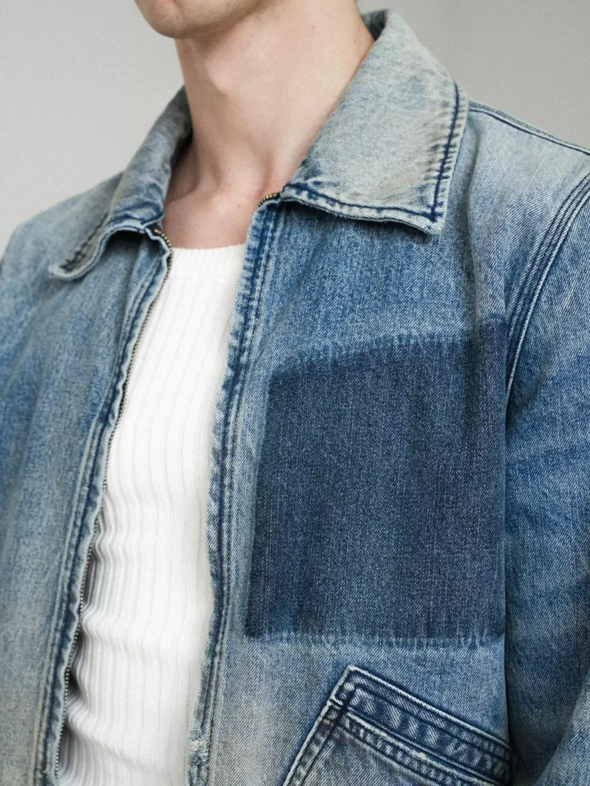 Retro 21 Gradient Distressed Denim Zip Jacket in Blue - On Male Model