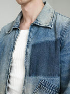 Retro 21 Gradient Distressed Denim Zip Jacket in Blue - On Male Model