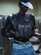 BLINDNOPLAN Cropped Paneled Faux Leather Moto Jacket in Black - On Male Model