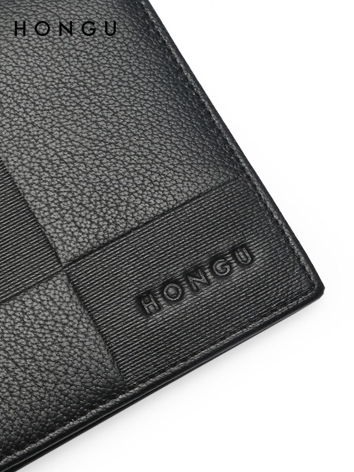 HONGU Embossed Top Grain Leather Bifold Wallet in Black - Detail