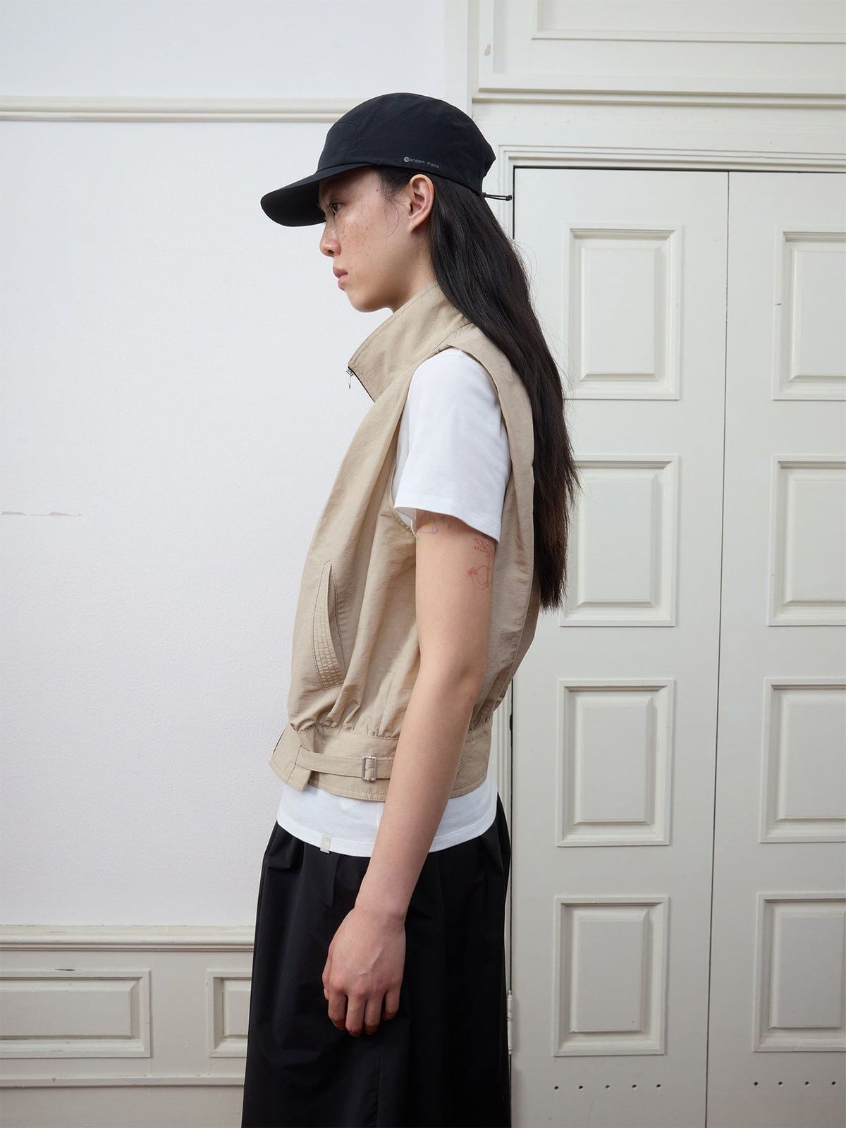 Random Piece Stand Collar Linen Blend Vest in Khaki - On Female Model