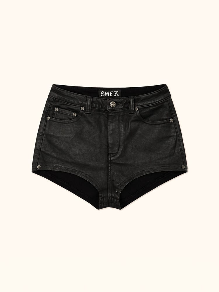 SMFK Glossy Waxed Denim Micro Shorts in Black