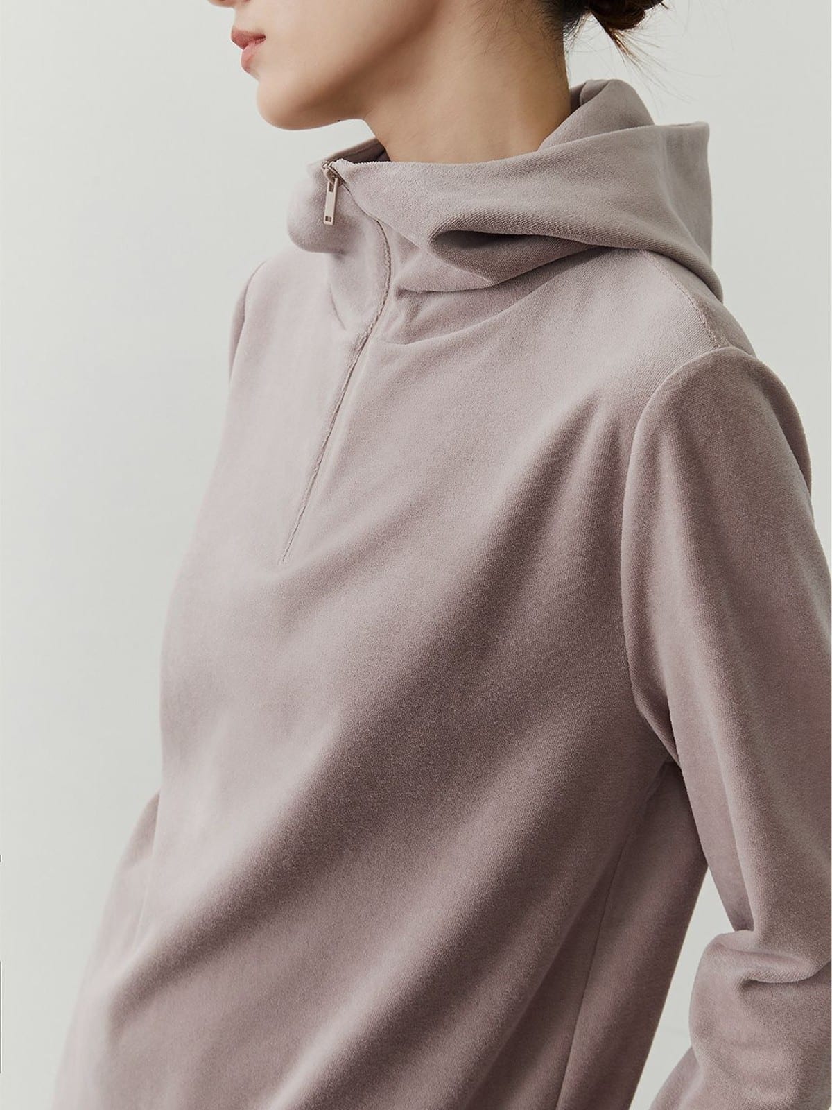 MSBEAST Half Zip Hoodie Wide Leg Pants Set in Beige - On Female Model