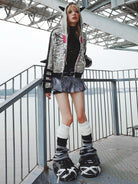 CFIERCE Bow Skull Horned Zip Hoodie in Gray - On Female Model