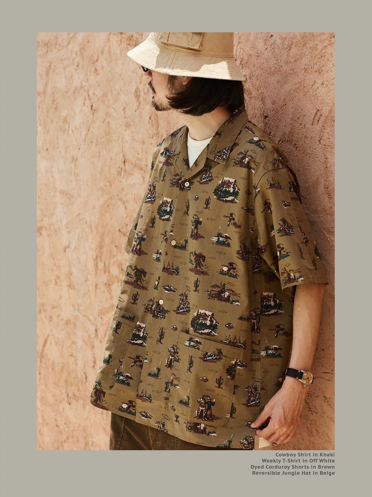 USAGE Cowboy Print Cotton Hawaiian Shirt in Beige - On Male Model