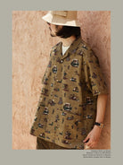 USAGE Cowboy Print Cotton Hawaiian Shirt in Beige - On Male Model