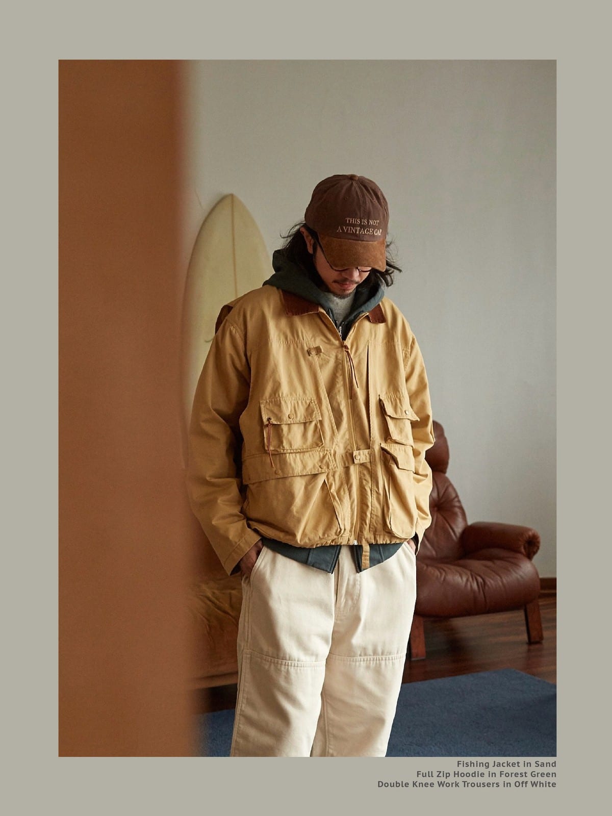 USAGE Corduroy Collar Cotton Fishing Jacket in Beige - On Male Model