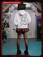 MEDM Tufted Embroidery Zip Up Hoodie in White - On Female Model