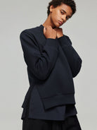 SIMPLE PROJECT Spacer Fabric Slit Hem Sweatshirt in Navy Blue - On Male Model