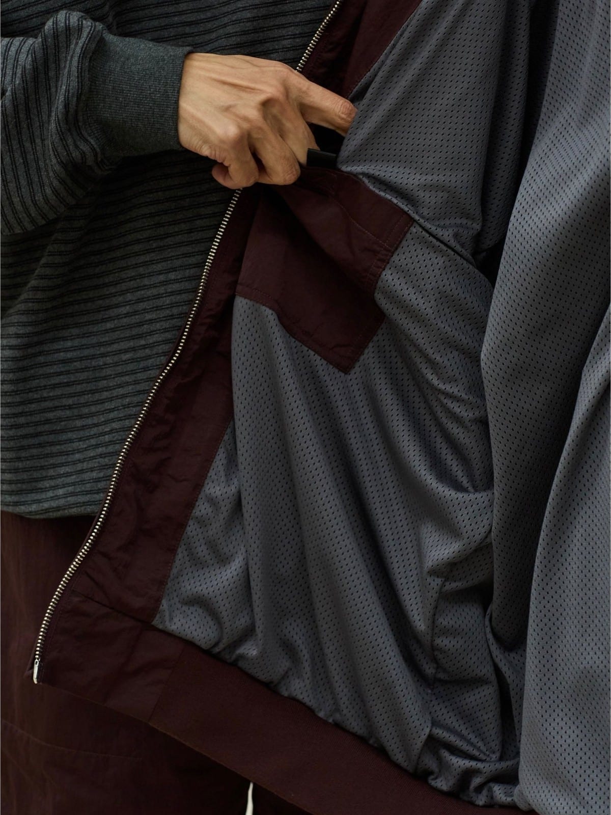 USAGE Crinkle Nylon Hooded Track Jacket in Brown - On Model