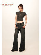 BeerBro Low Rise Raw Hem Micro Flare Jeans in Navy Blue - On Female Model