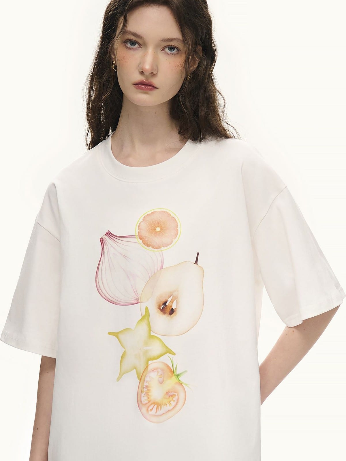 LOSTCTRL Fruit Veggie Print Cotton Blend T Shirt in White - On Female Model