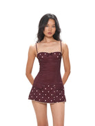 SweetChilling Polka Dot Bustier Mini Dress in Brown - On Female Model
