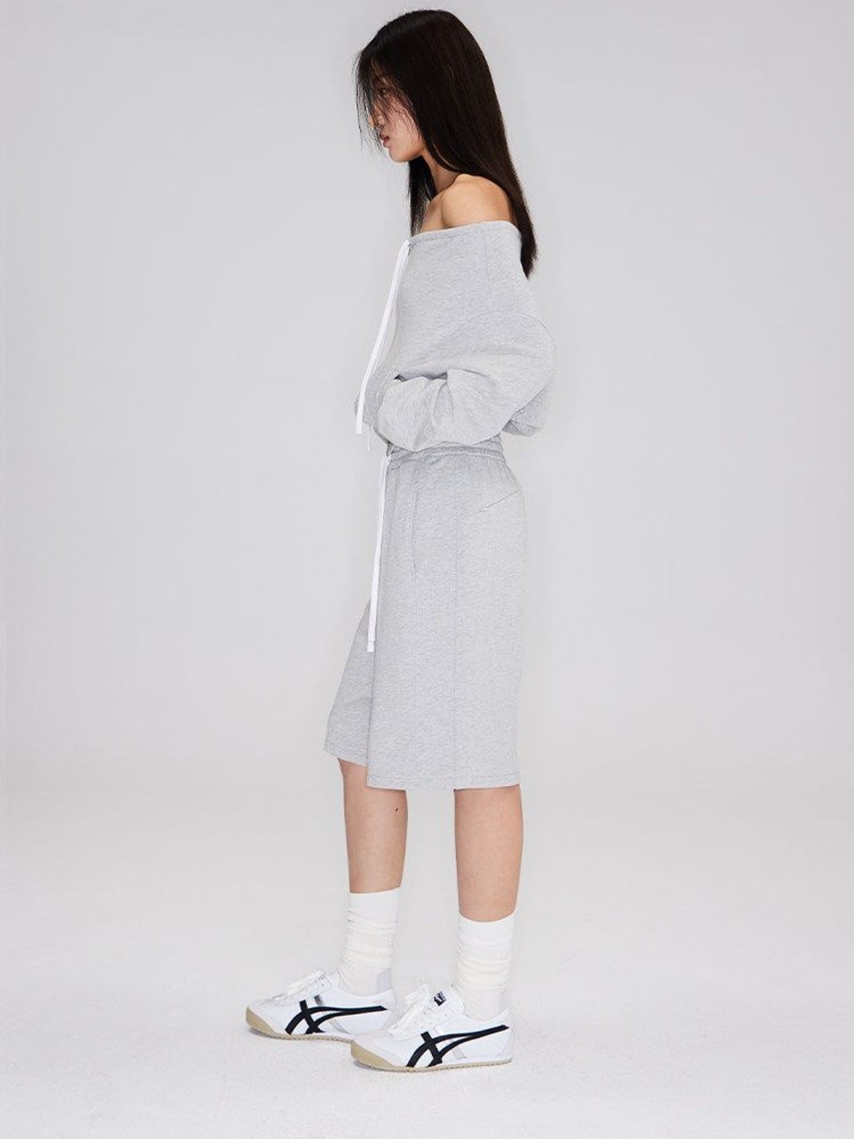 RARELY ALIKE Cotton Drawstring Sweat Shorts in Gray - On Female Model