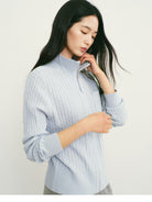 TEASEL Wool Cable Knit Zip Cardigan in Sky Blue - On Female Model