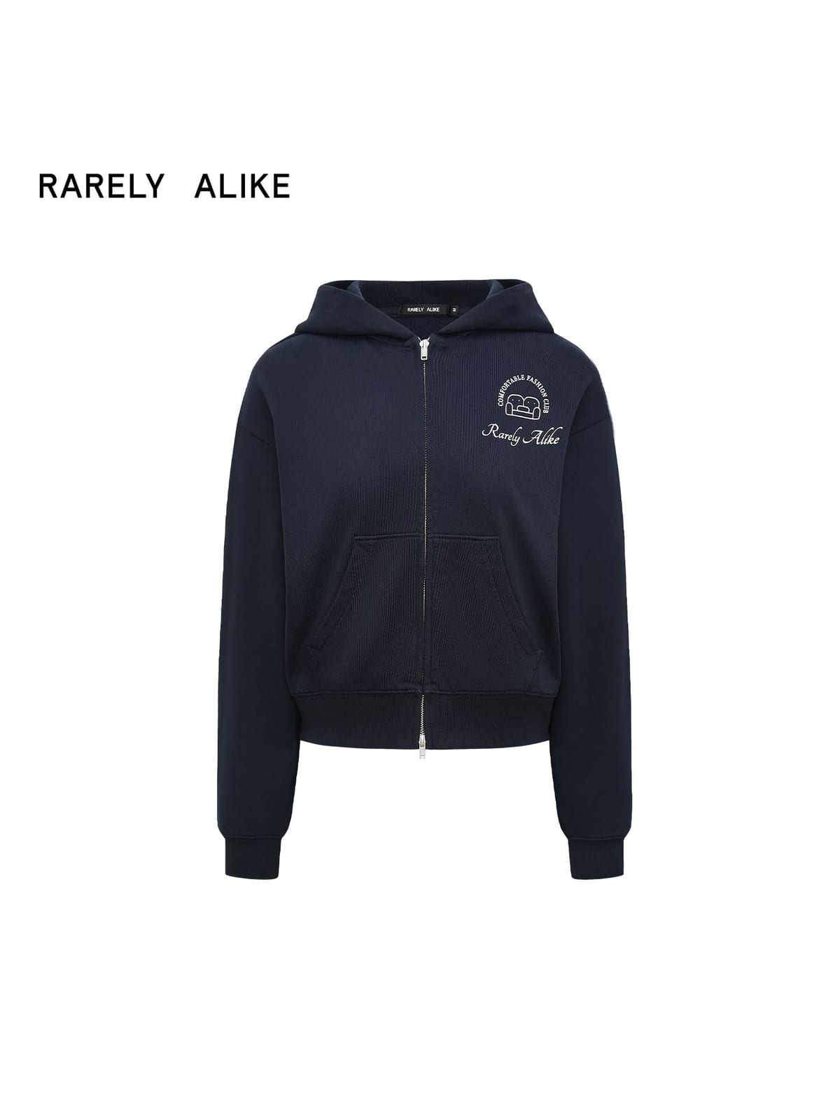 RARELY ALIKE Graphic Cropped Zip Up Hoodie in Navy Blue