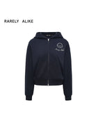 RARELY ALIKE Graphic Cropped Zip Up Hoodie in Navy Blue