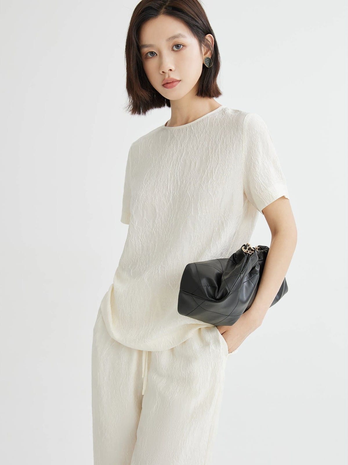 TEASEL Silk Jacquard Top Wide Leg Trousers Set in White - On Female Model
