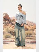 BeerBro Oversized Off Shoulder Graphic Tee in Heather Gray - On Female Model