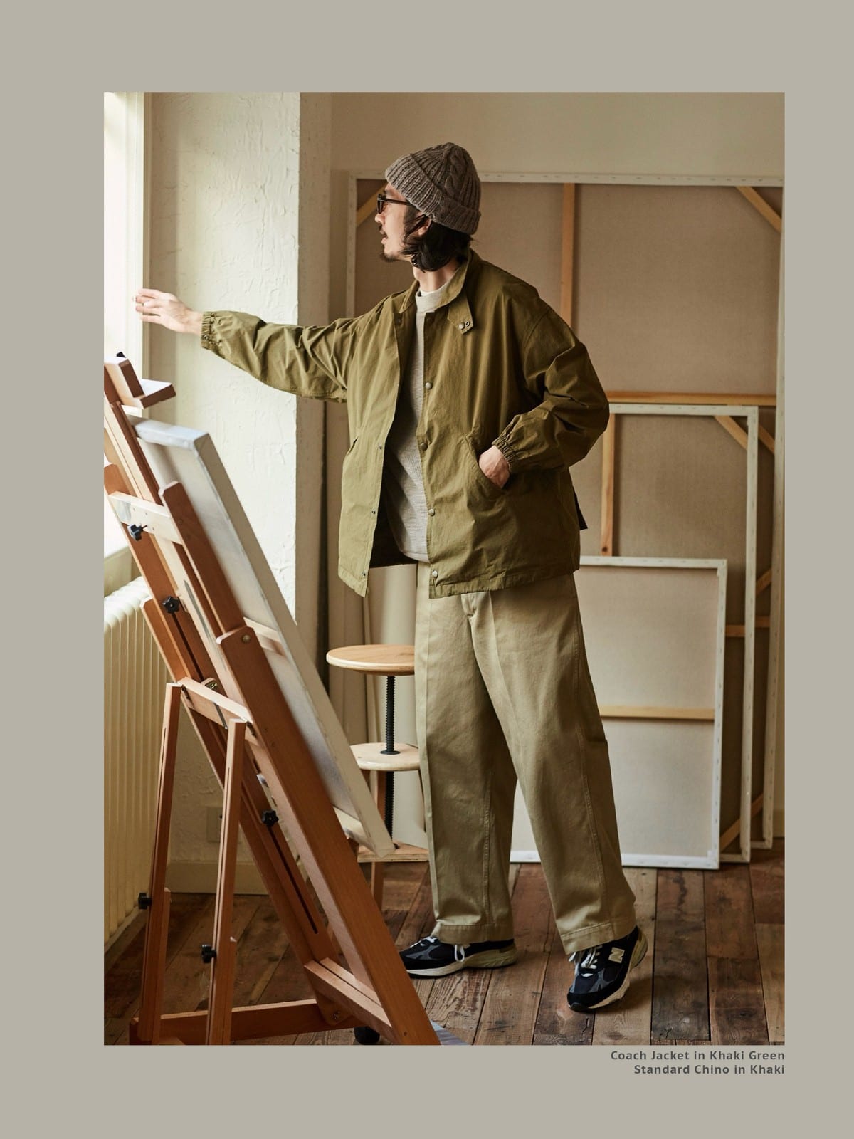 USAGE Heavyweight Cotton Twill Chinos in Khaki - On Male Model