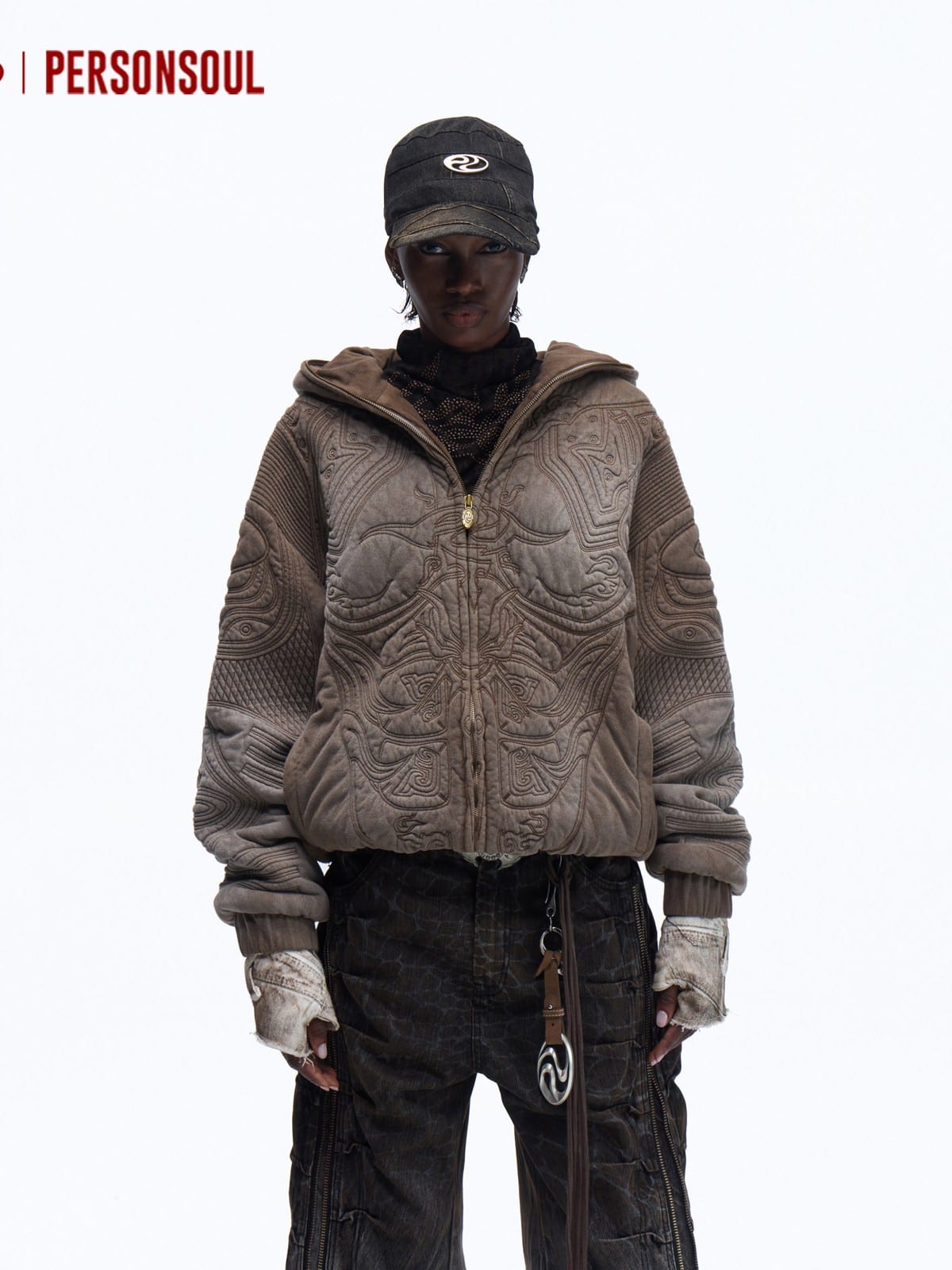 PERSONSOUL Totem Embroidered Distressed Hoodie in Brown - On Female Model