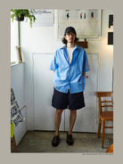 USAGE Cotton Crinkle Short Sleeve Shirt in Blue - On Male Model