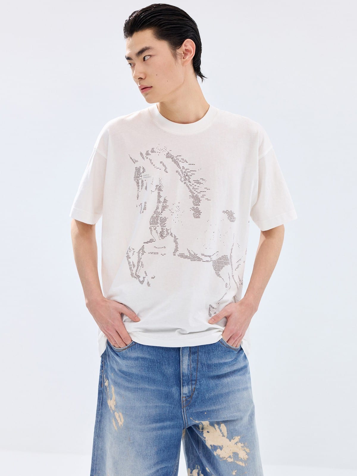 SIMPLE PROJECT Letter Horse Silhouette T Shirt in White - On Male Model