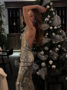 1S STUDIO Silver Sequin Cowl Neck Halter Dress in Silver - On Female Model