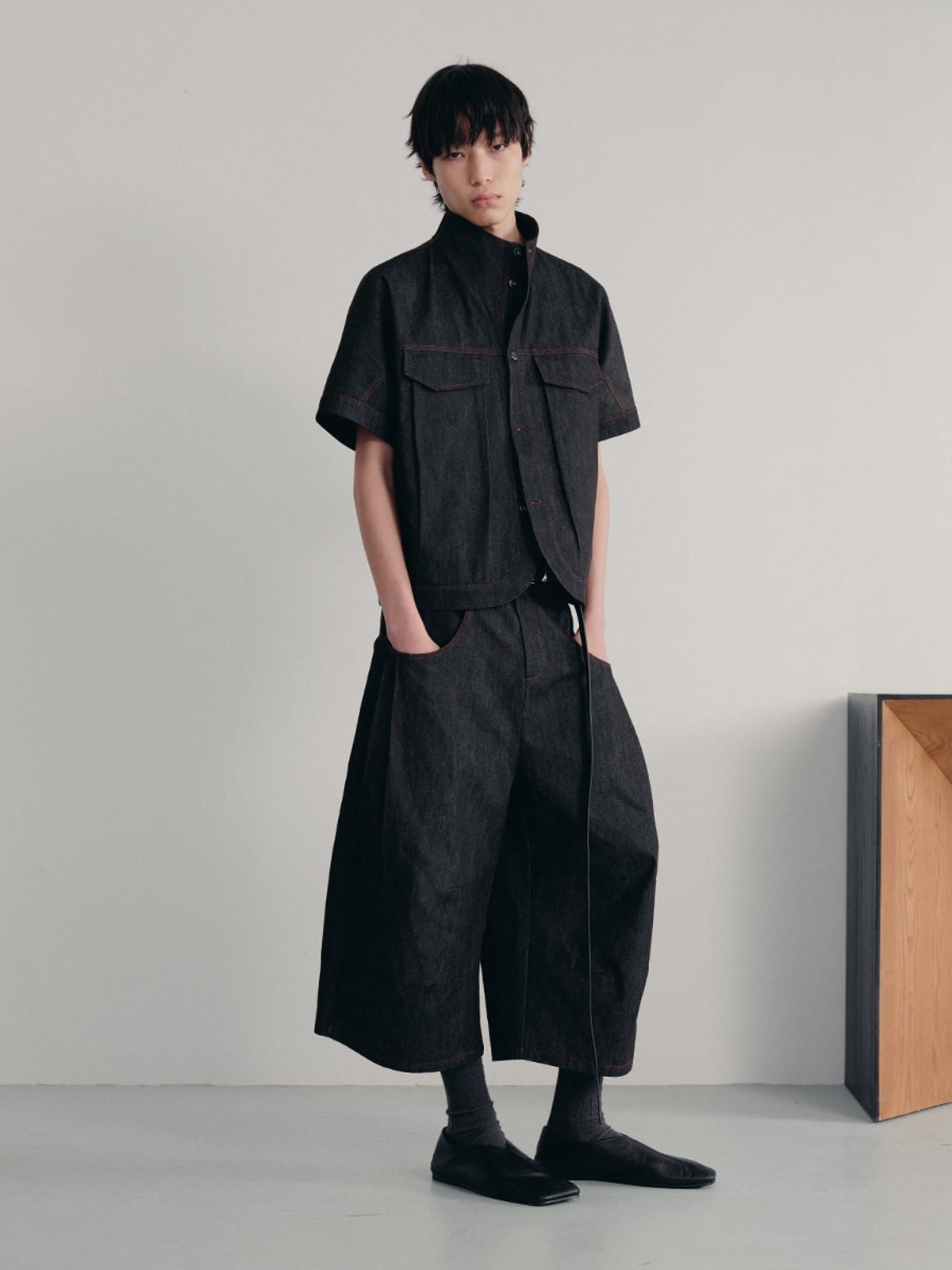 JCAESAR STUDIO Red Stitched Stand Collar Denim Shirt in Gray - On Male Model